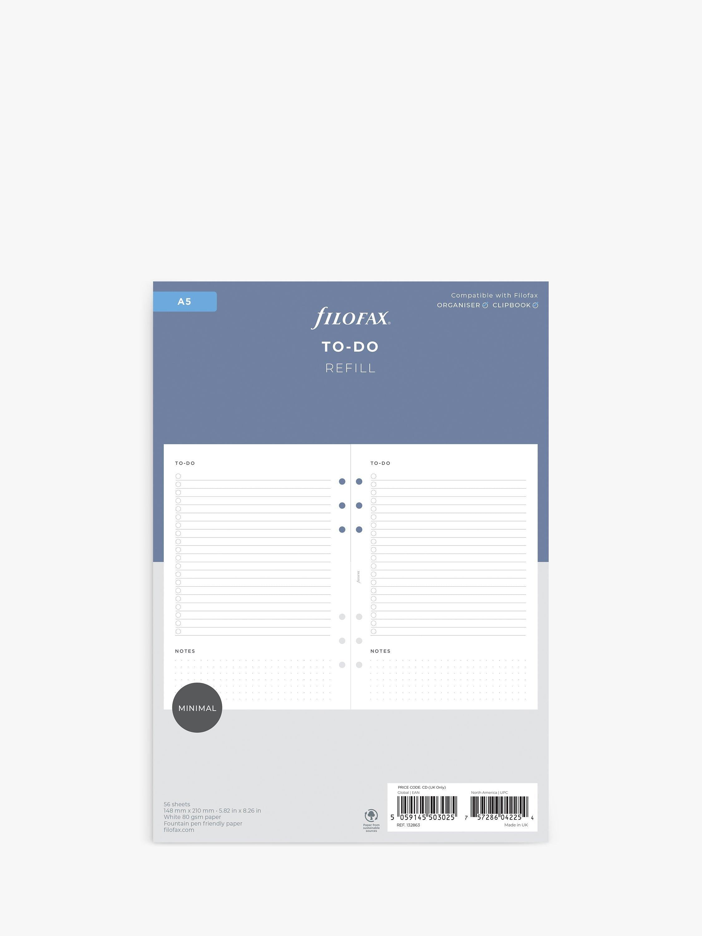 Filofax A5 Minimal To Do Personal Organiser Insert with 56 Sheets - British product