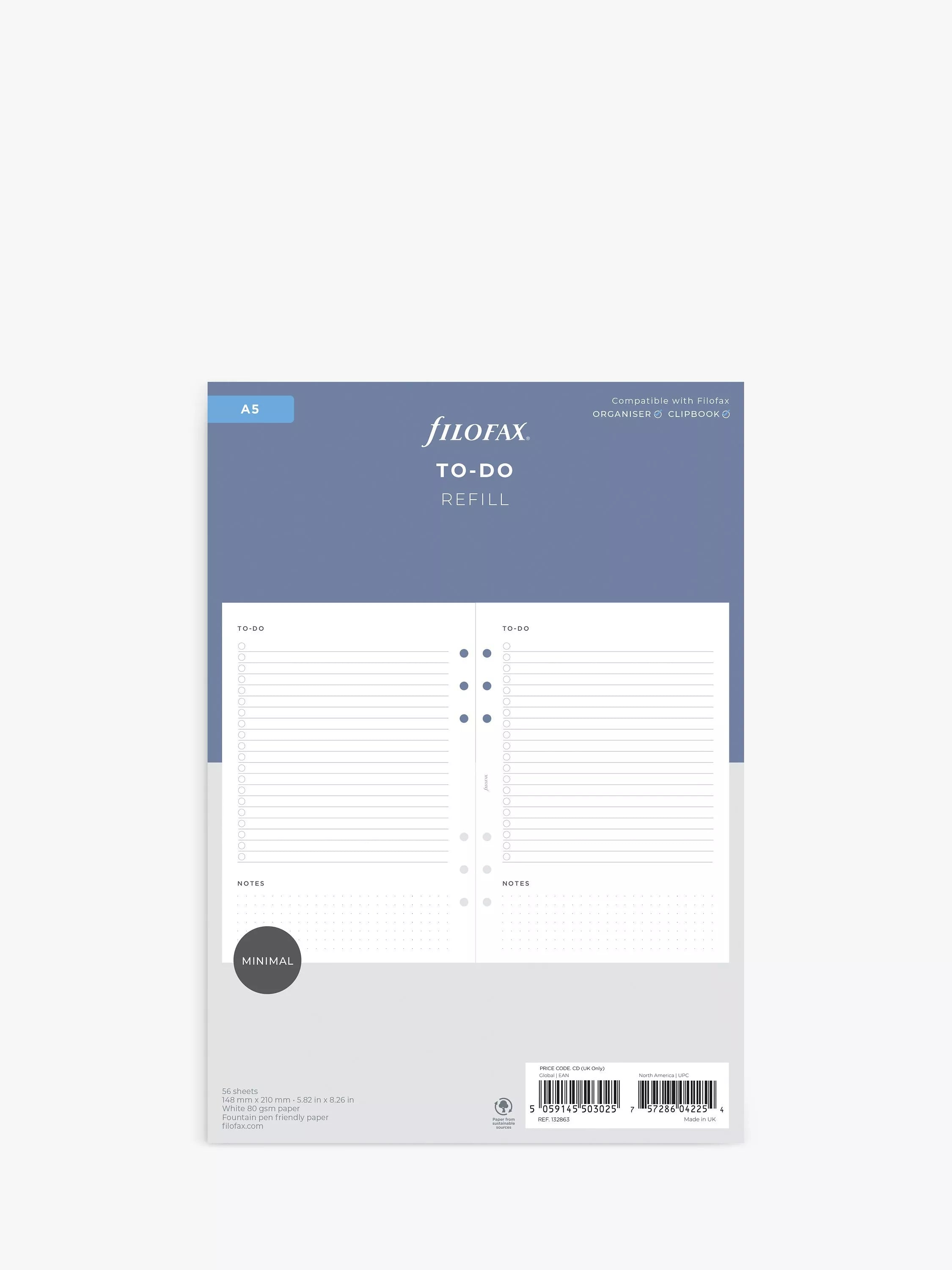 Filofax A5 Minimal To Do Personal Organiser Insert with 56 Sheets - British product