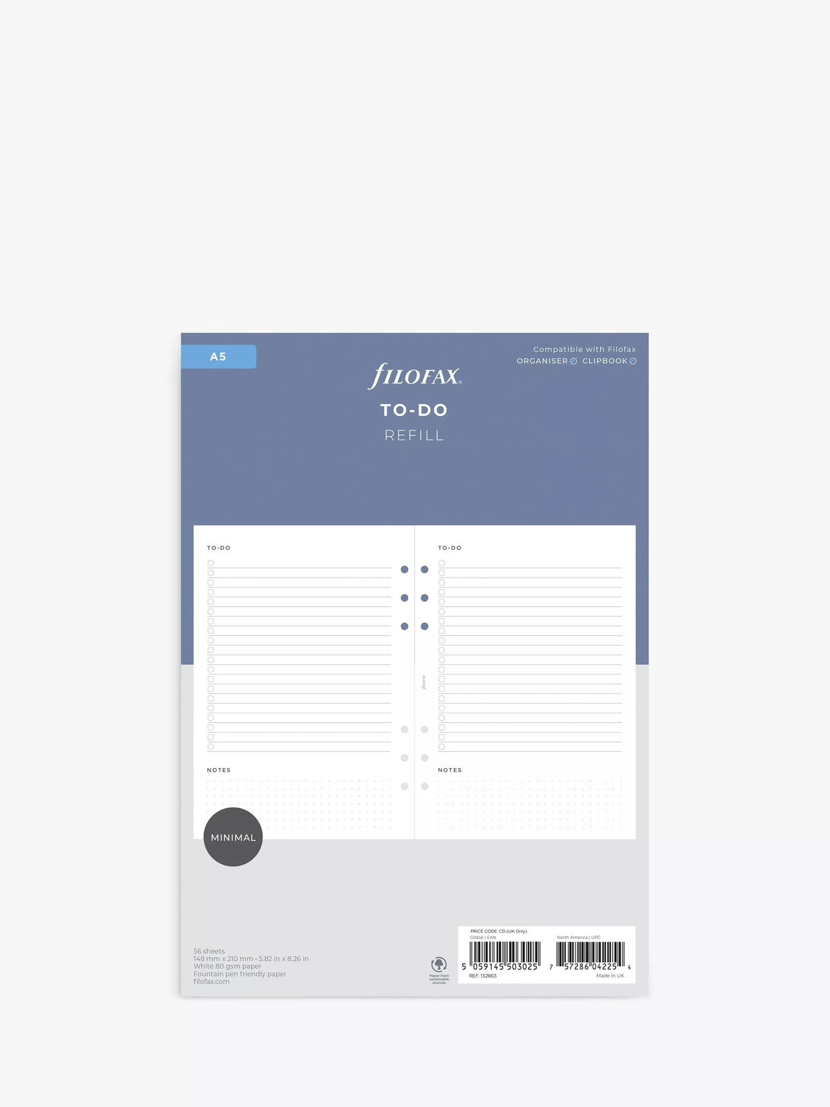 Filofax A5 Minimal To Do Personal Organiser Insert with 56 Sheets - British product