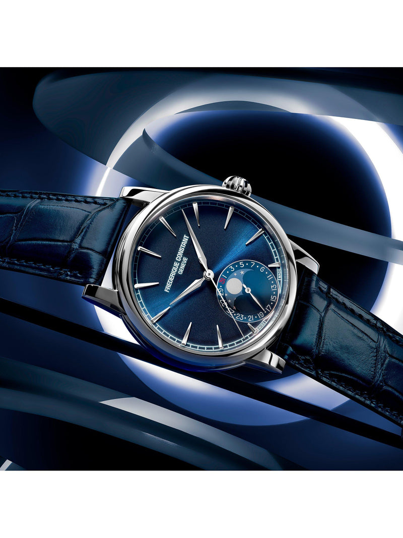 Frederique Constant men's classic moonphase watch blue dial leather strap - British product