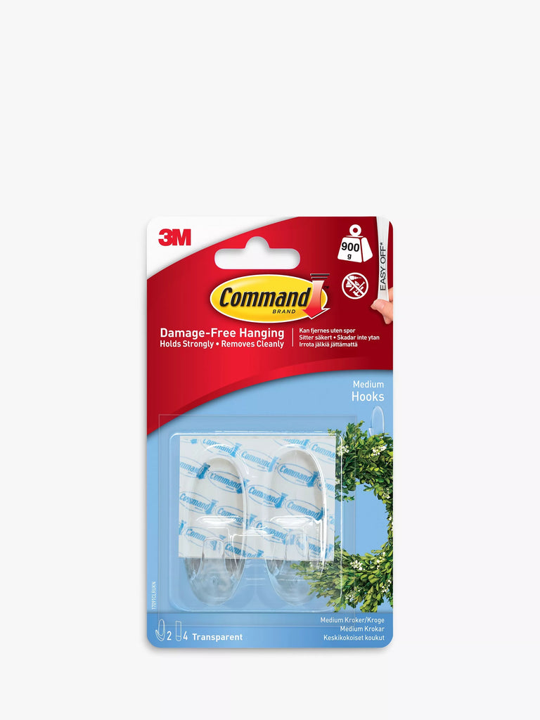 Command Damage-Free Removable Plastic Medium Hanging Hooks, Pack of 2, 900g, Clear