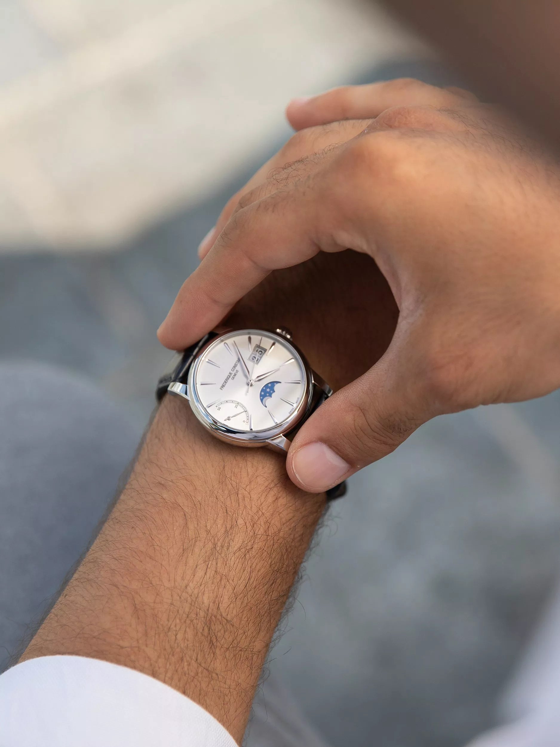 Frederique Constant Classic Power Reserve watch 40mm blue leather strap, UK version