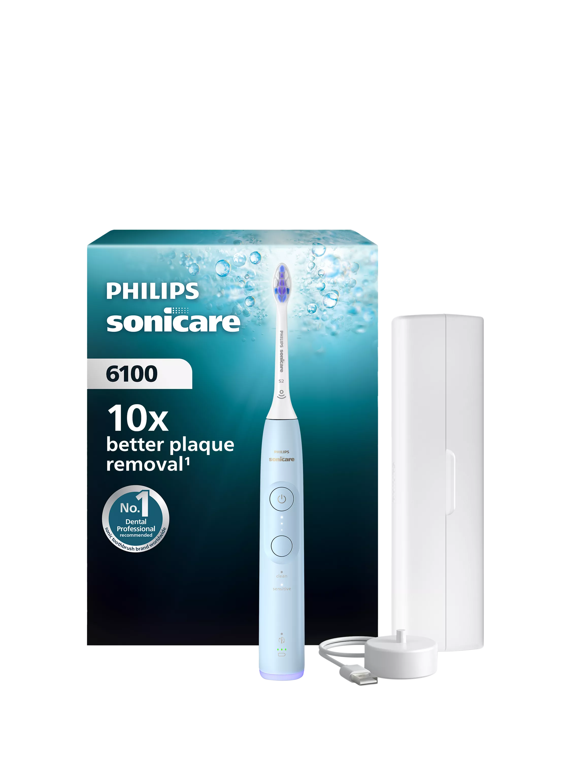 Philips Sonicare 6100 elektrische Zahnbürste S2 Sensitive Bürstenkopf USB-Ladegerät, UK-Version