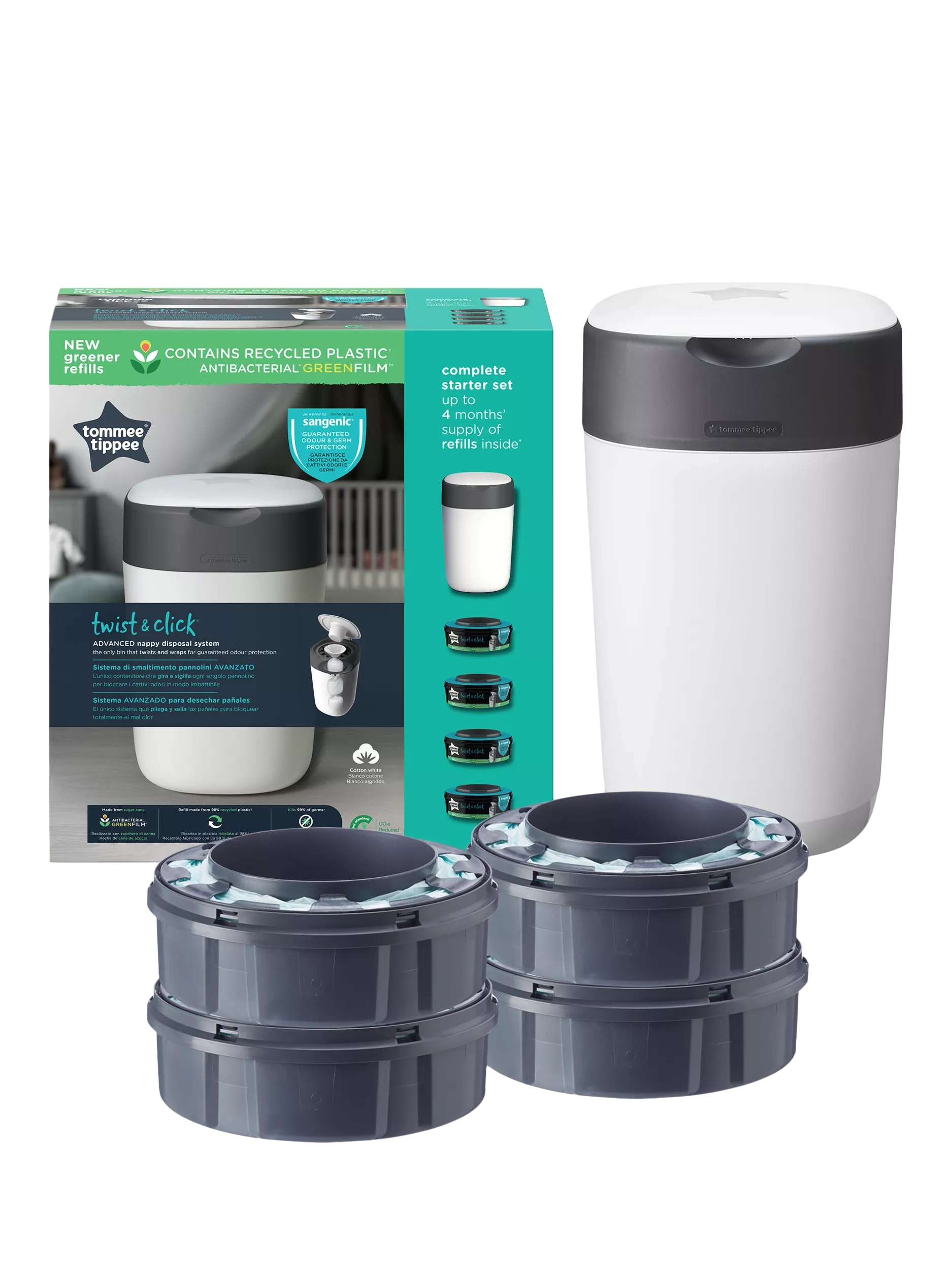 Tommee Tippee Twist & Click nappy bin starter set with refills, UK version