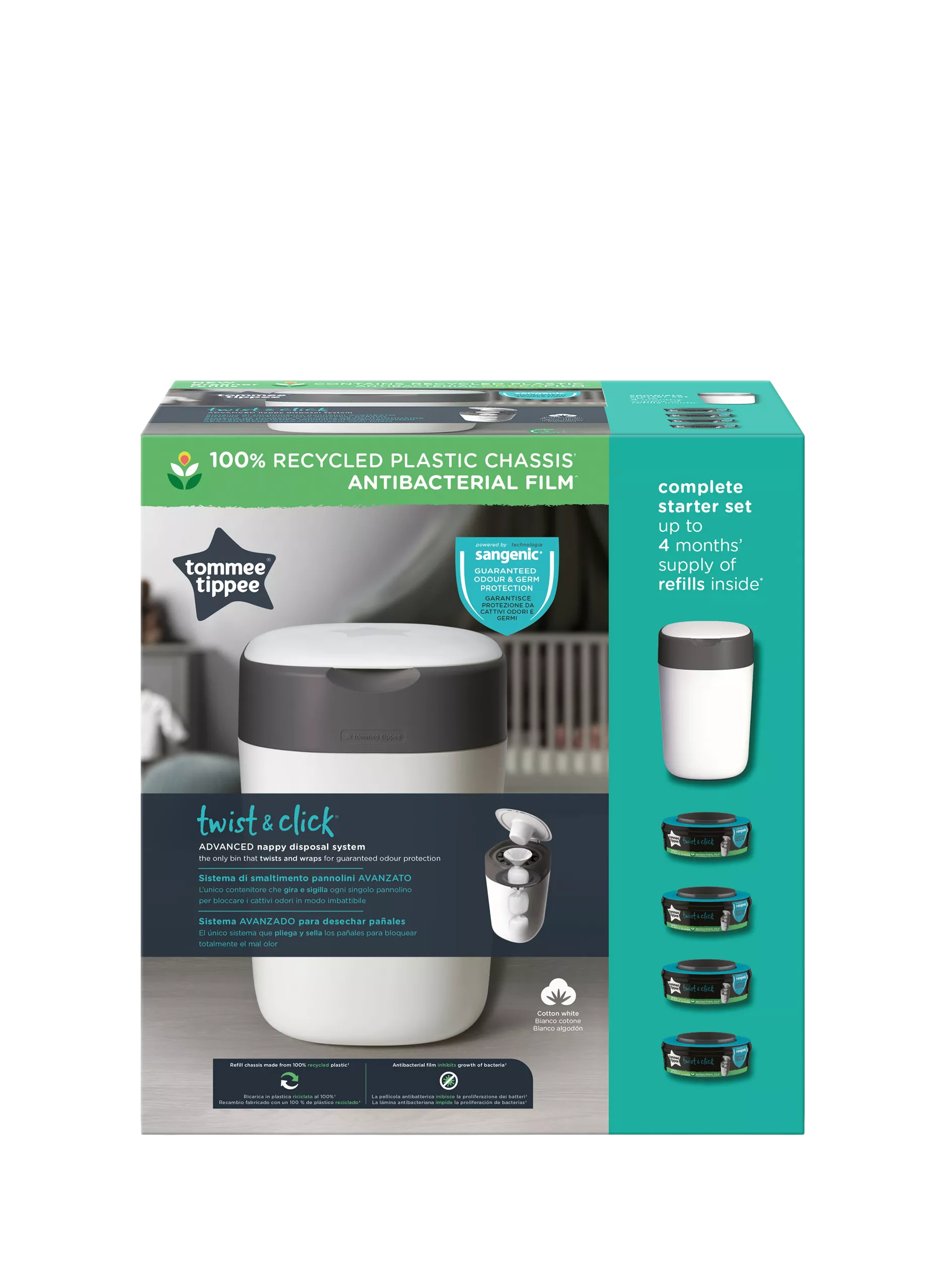 Tommee Tippee Twist & Click nappy bin starter set with refills, UK version