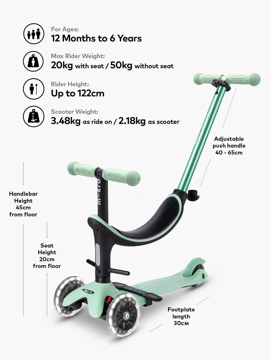 Micro Scooters 4-in-1 Mini Micro push along scooter with LED wheels (British brand)