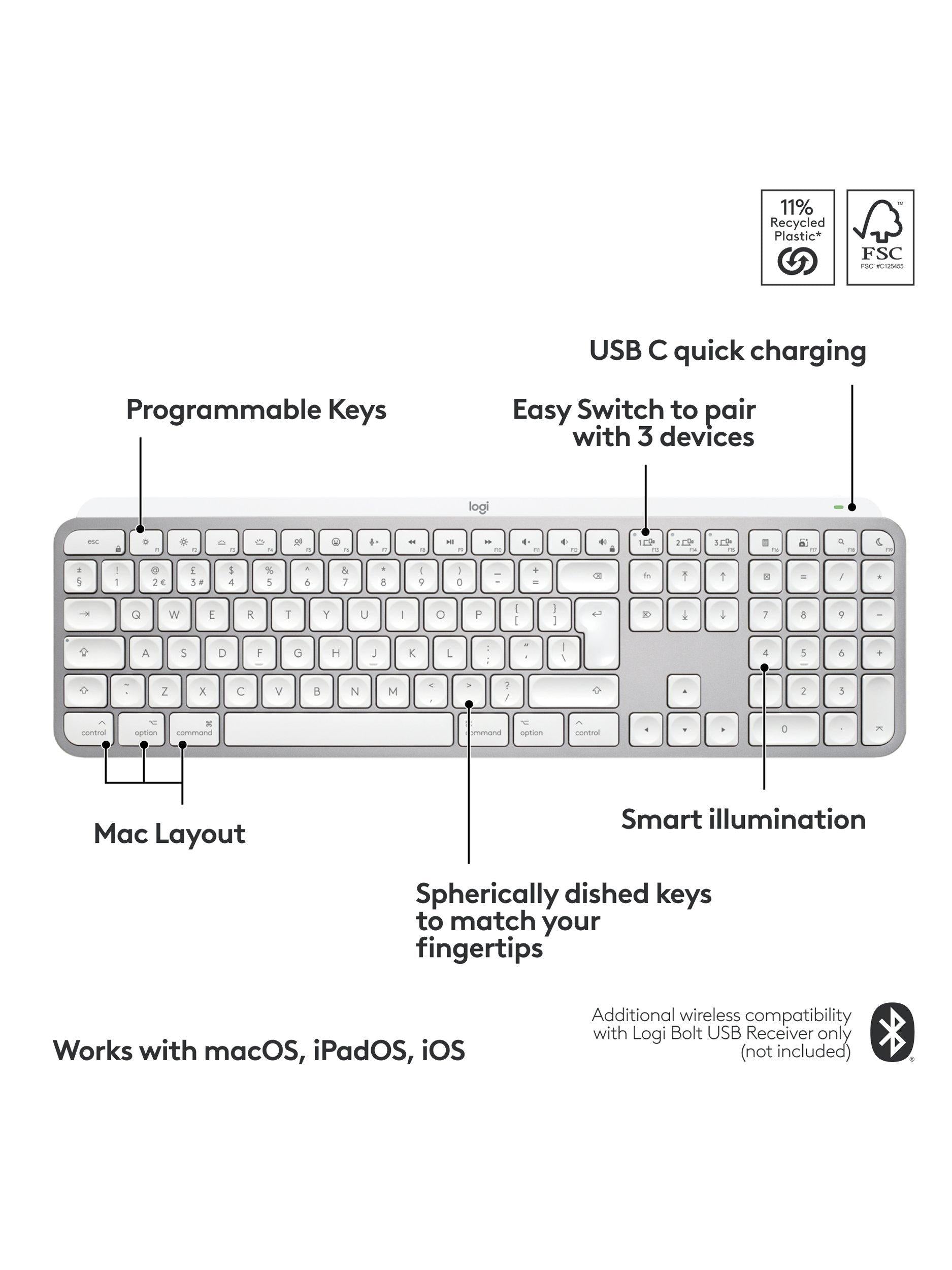 Logitech wireless keyboard MX Keys S for Mac Pale Grey (British brand)