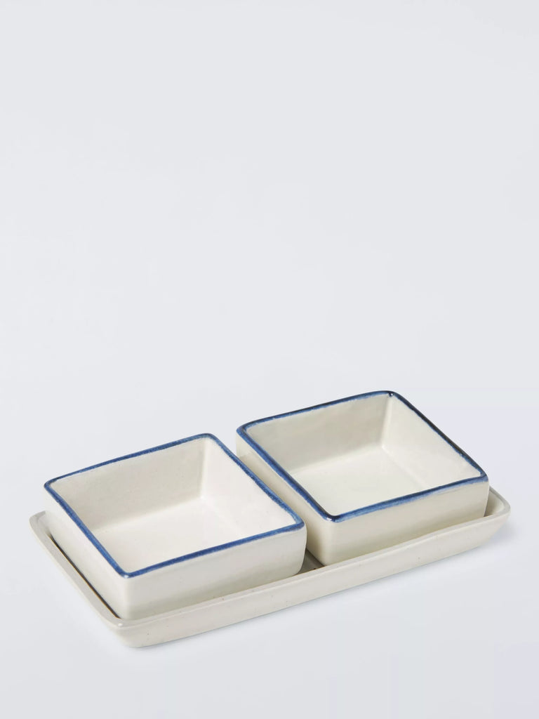 John Lewis Hand Painted Stoneware Dip Bowls & Tray Set, 3 Piece, Blue/Multi