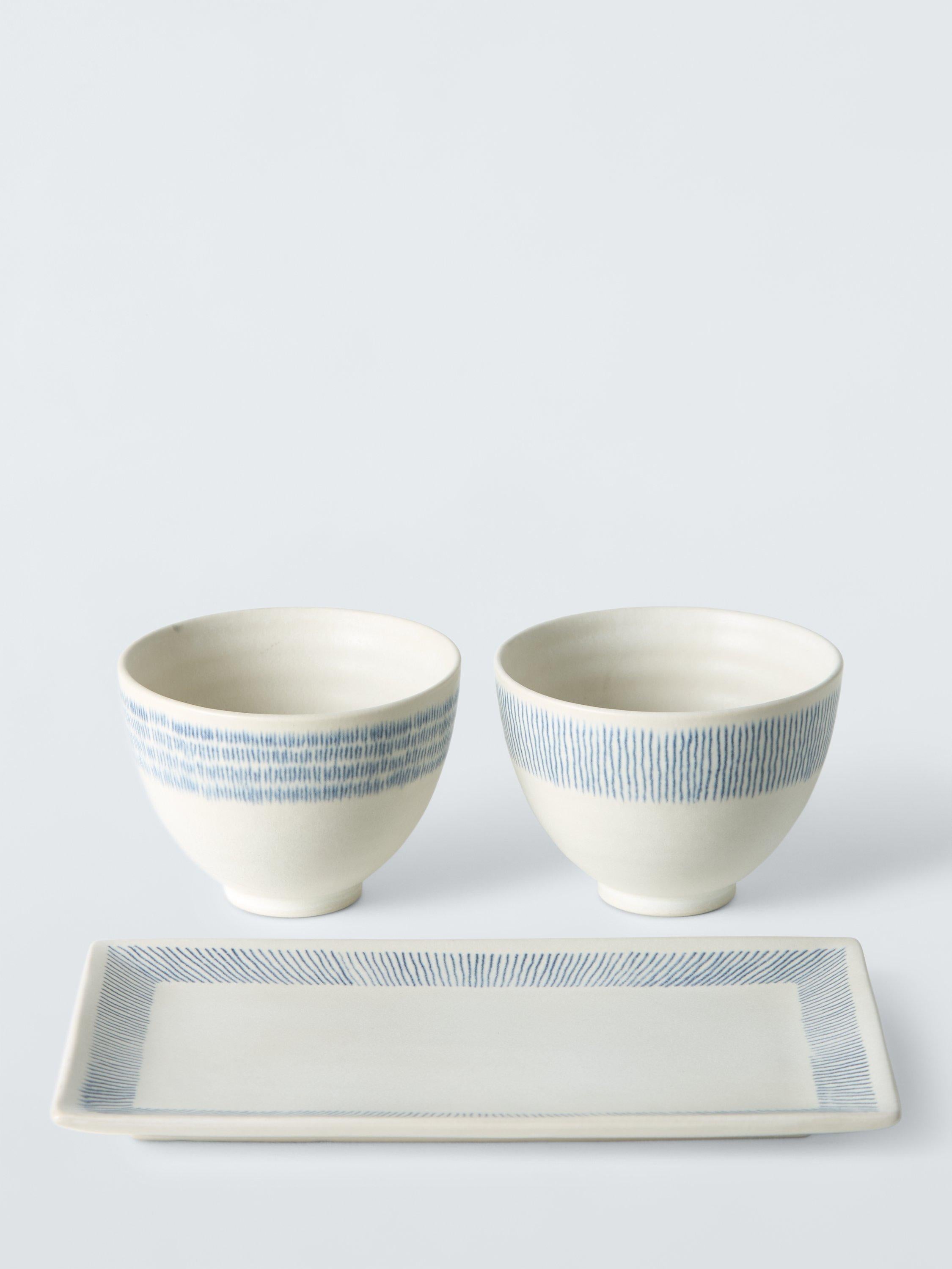 John Lewis hand painted stoneware rice bowl gift set Blue/Multi 3 piece, UK version