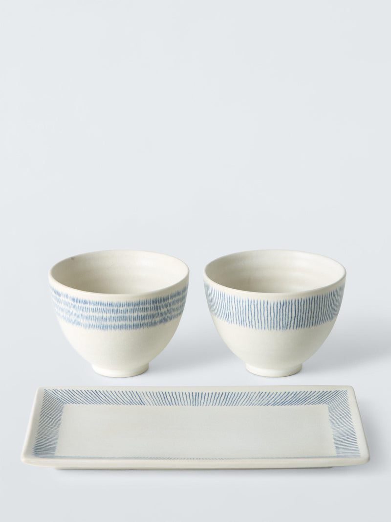 John Lewis hand painted stoneware rice bowl gift set Blue/Multi 3 piece, UK version