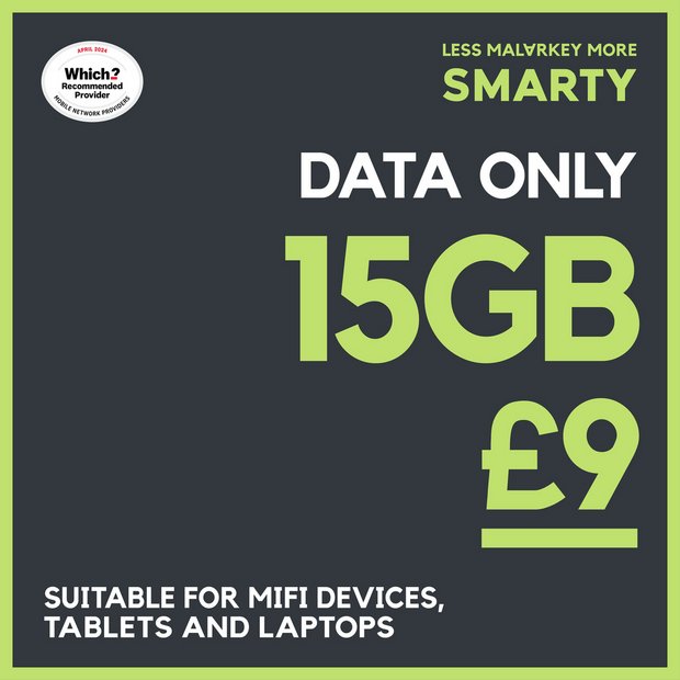 SMARTY 15GB data only SIM card, 30 day plan, UK version