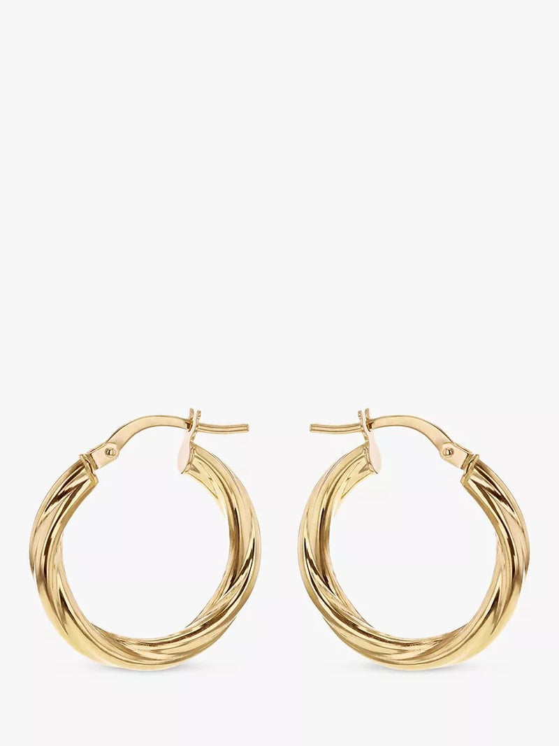 IBB yellow gold hoop earrings hollow twisted tube 18ct, imported from the UK