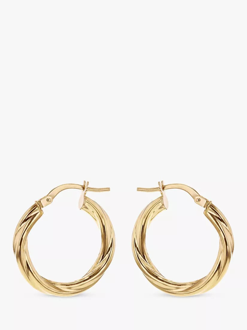 IBB yellow gold hoop earrings hollow twisted tube 18ct, imported from the UK