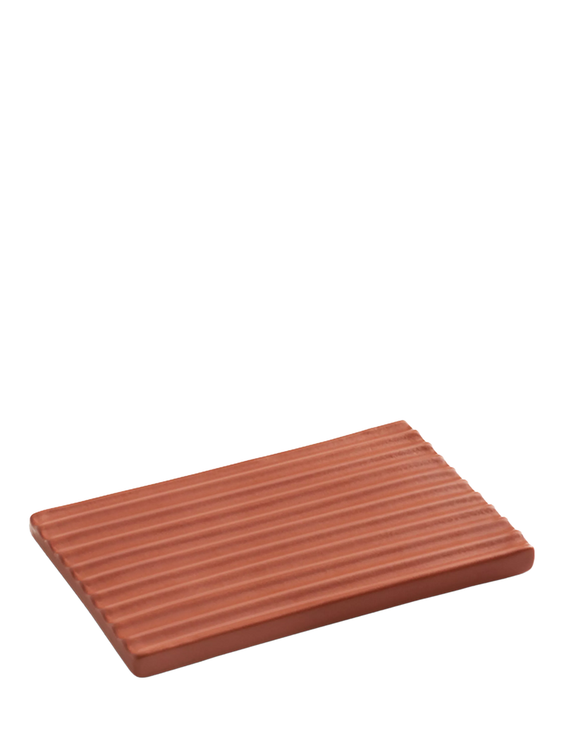 LOEWE rectangular terracotta ceramic soap dish with ribbed drainage, UK version