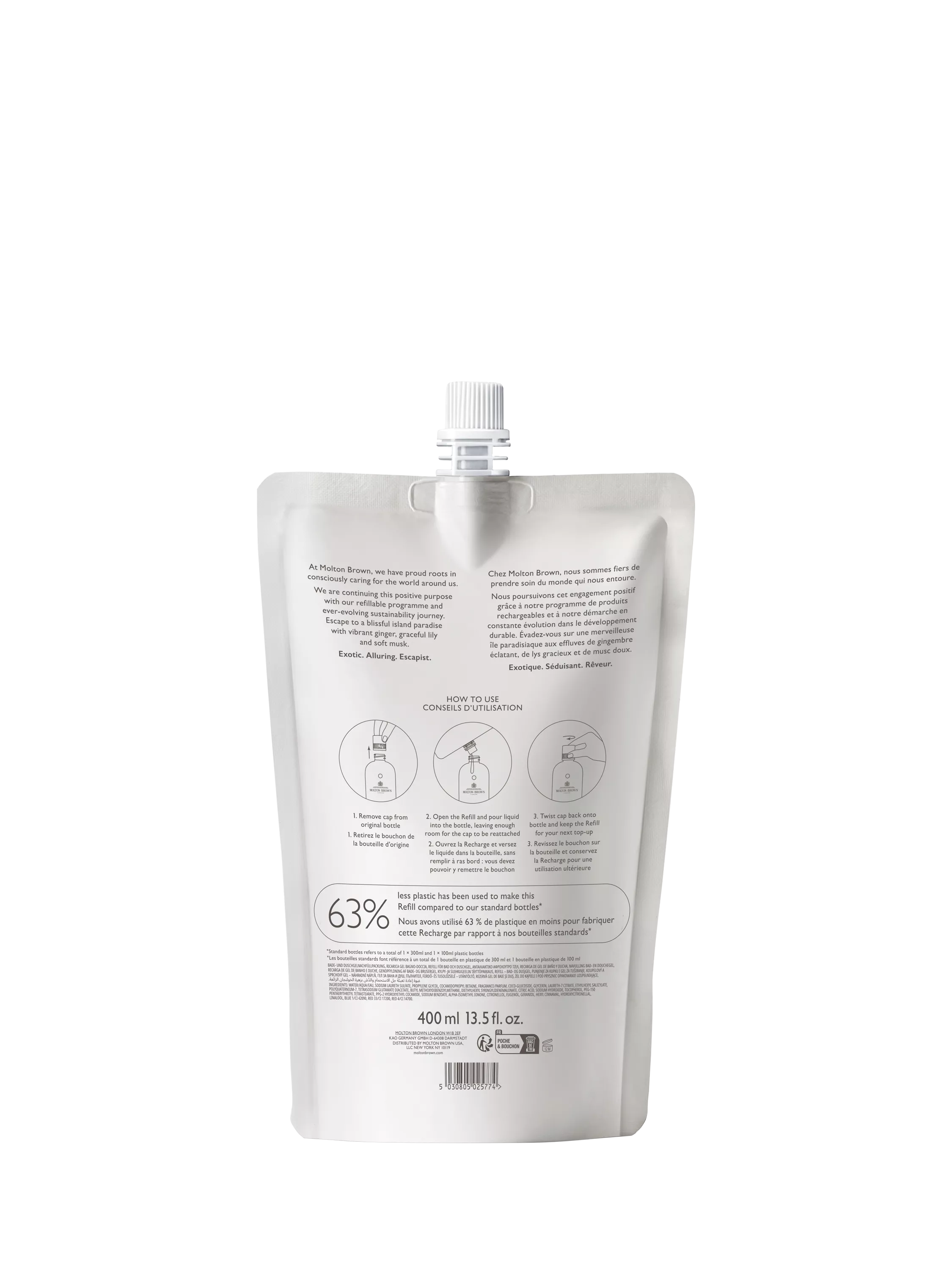 Molton Brown gingerlily scented bath and shower gel refill 400ml, imported from the UK