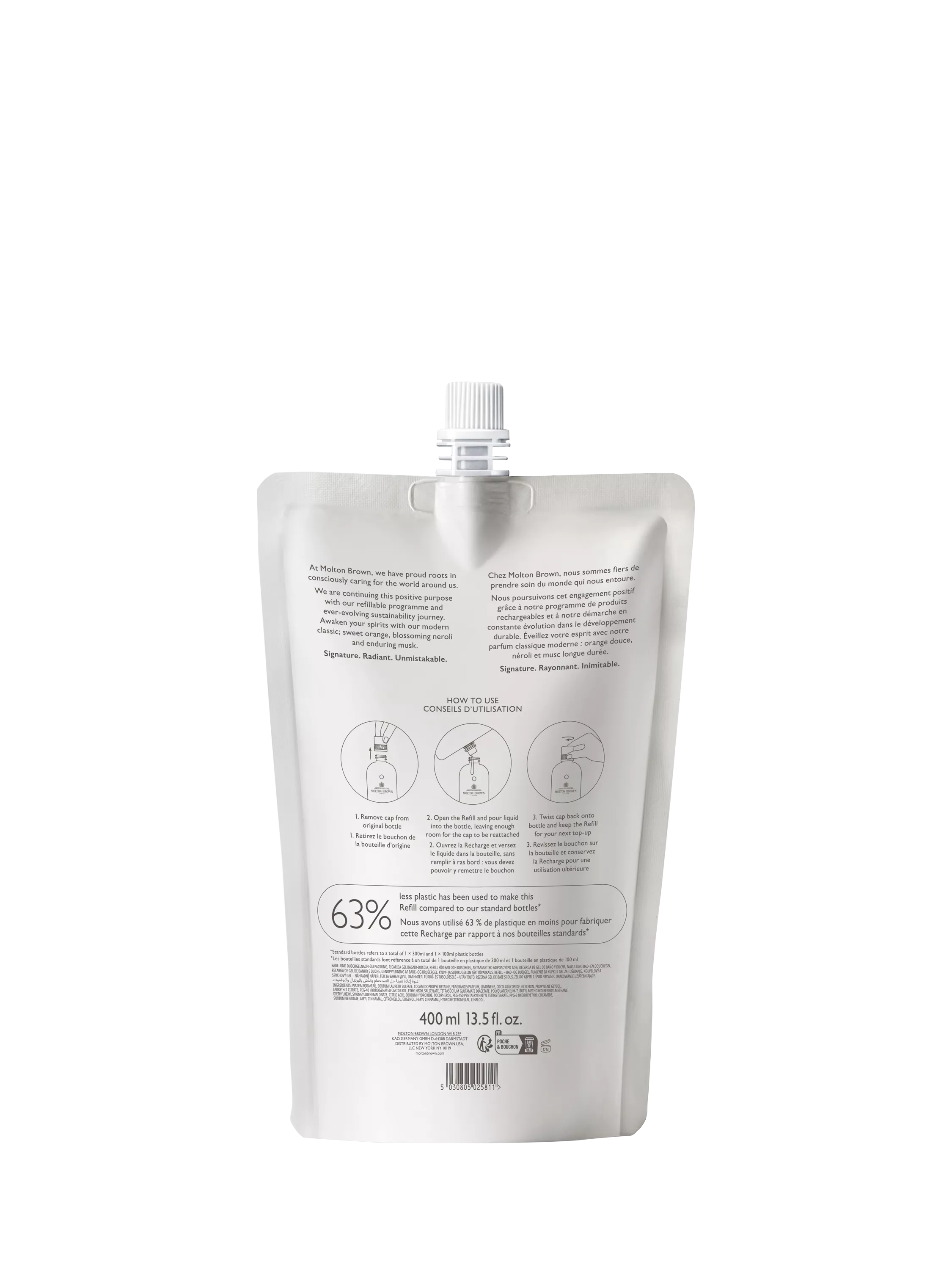 Molton Brown orange and bergamot bath and shower gel refill 400ml, imported from the UK