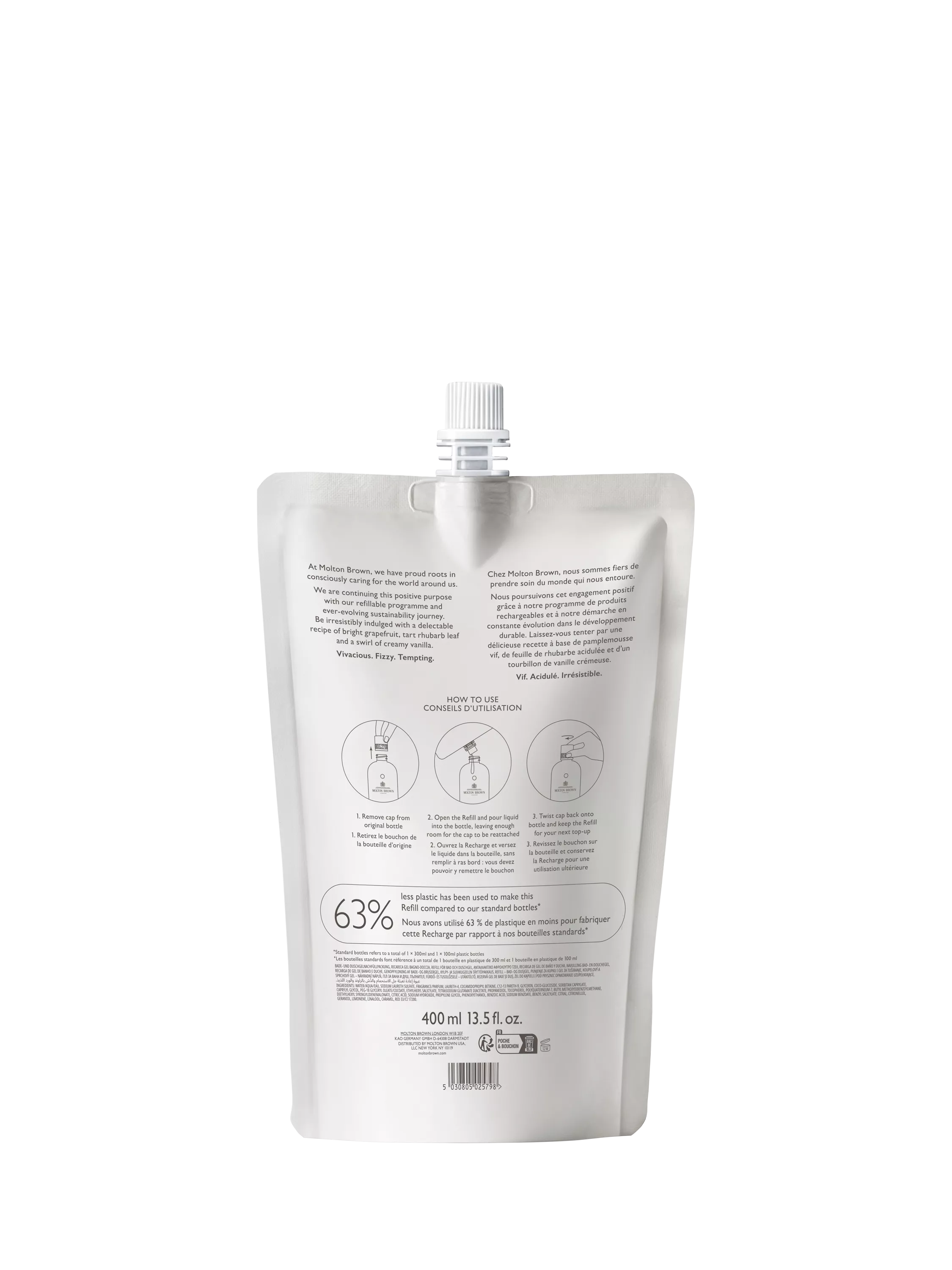 Molton Brown Rhubarb Rose bath and shower gel refill 400ml, imported from the UK