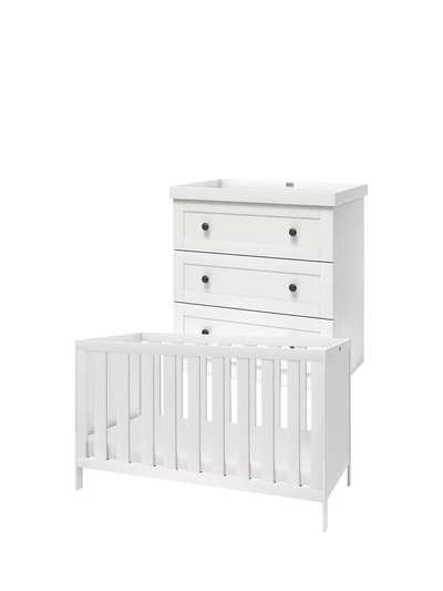 John Lewis Silver Cross Bromley White Cotbed and 3 Drawer Dresser Set Nursery Furniture- Buy online at McGrocer
