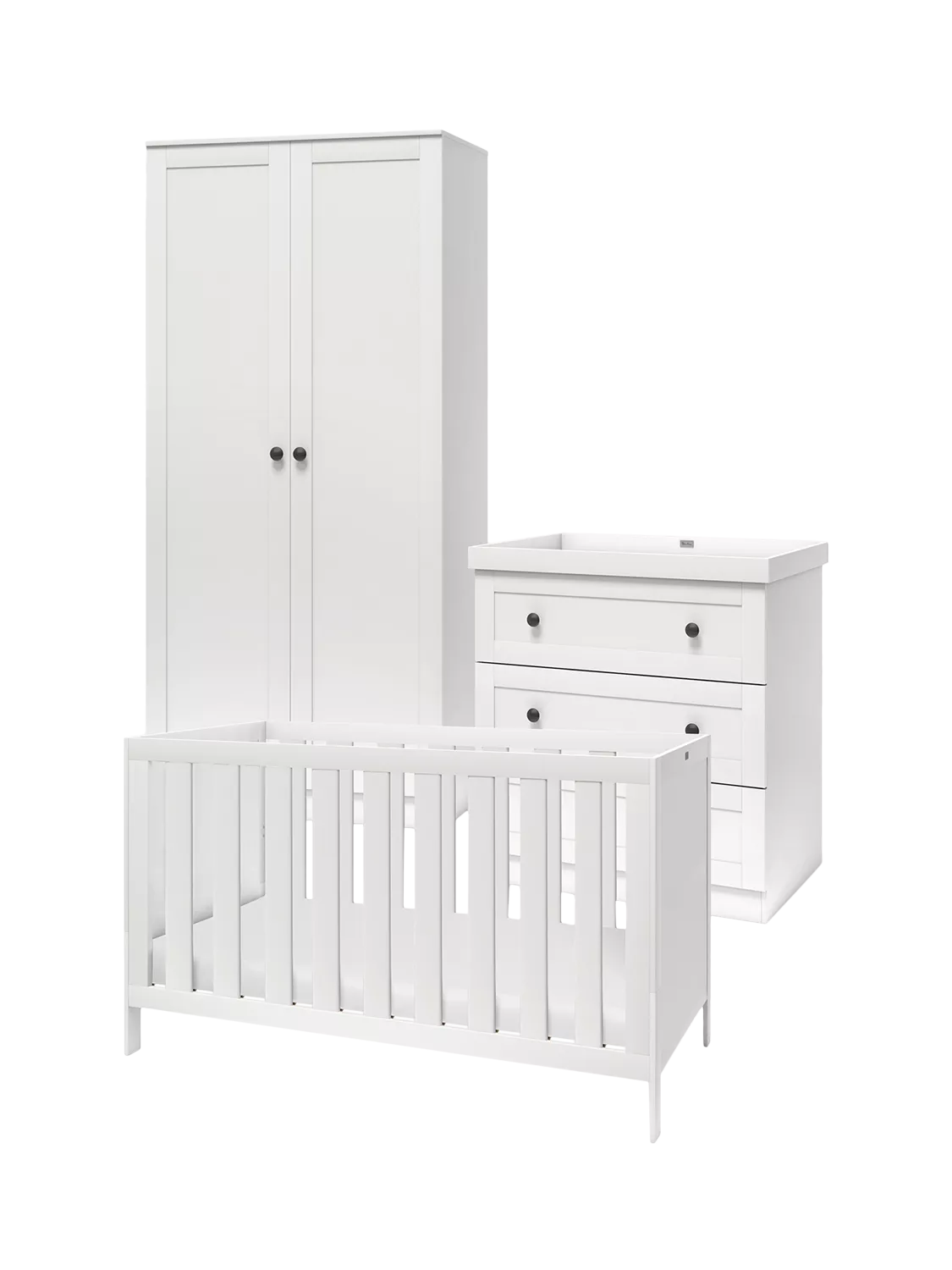Silver Cross cot to toddler bed set with double wardrobe and three-drawer dresser in white (British brand)