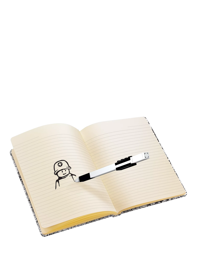 LEGO mini figures notebook and pen set with embossed studs and elastic band, UK version