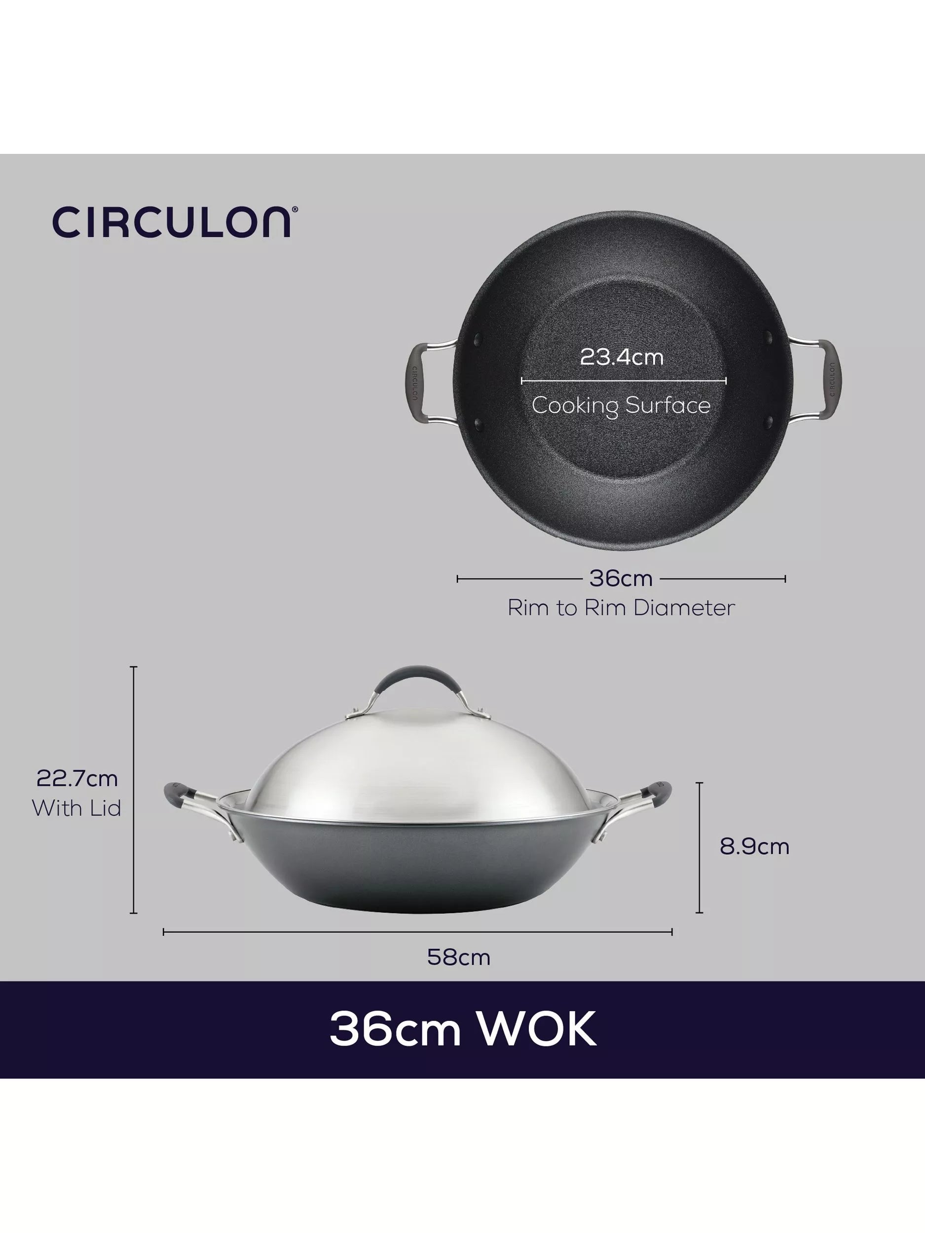 Circulon ScratchDefense non stick wok with lid, grey, imported from the UK