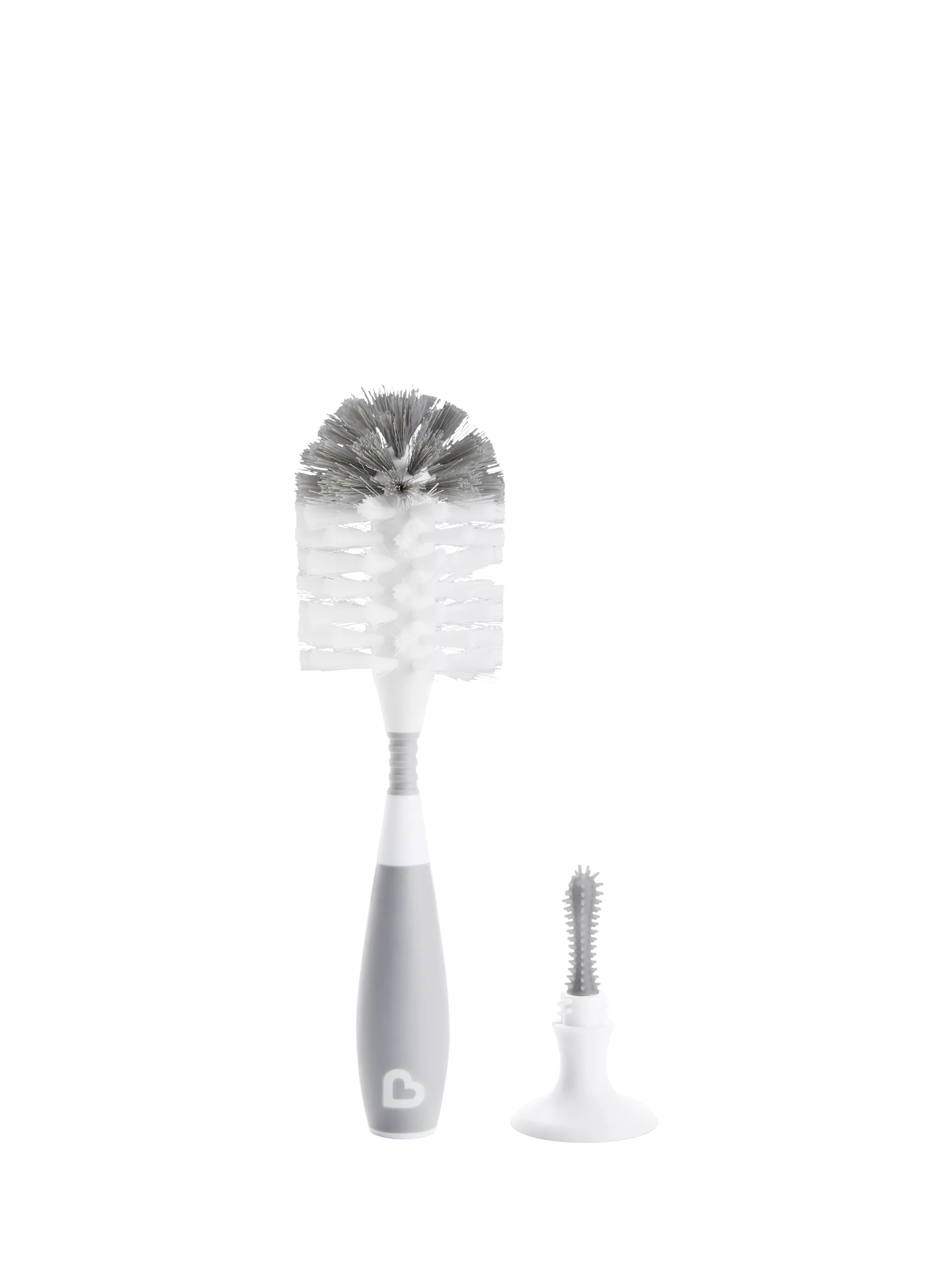 Munchkin grey bristle baby bottle brush with teat brush and suction base, imported from the UK