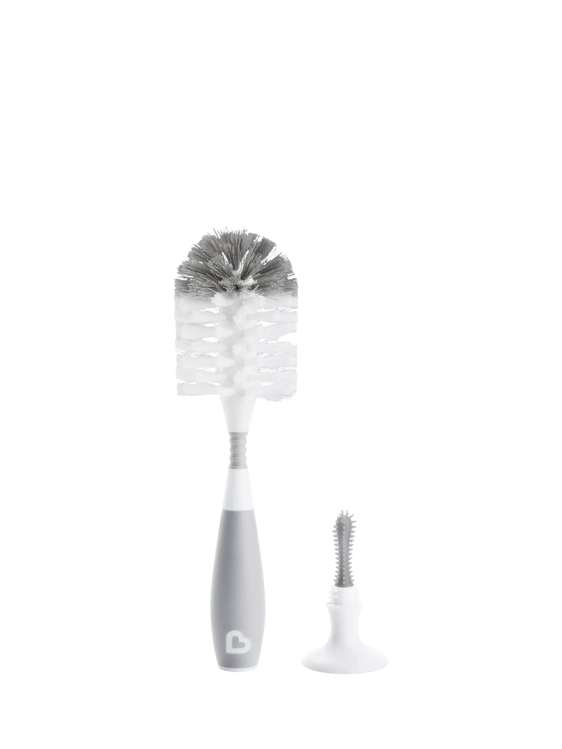 Munchkin grey bristle baby bottle brush with teat brush and suction base, imported from the UK