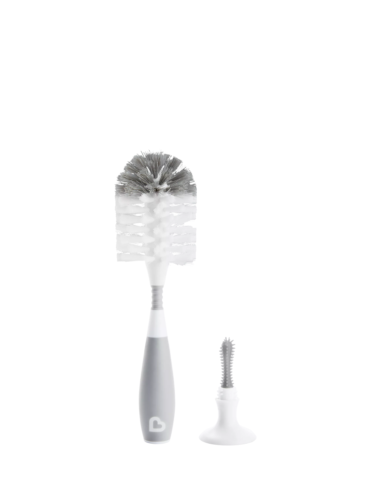 Munchkin grey bristle baby bottle brush with teat brush and suction base, imported from the UK
