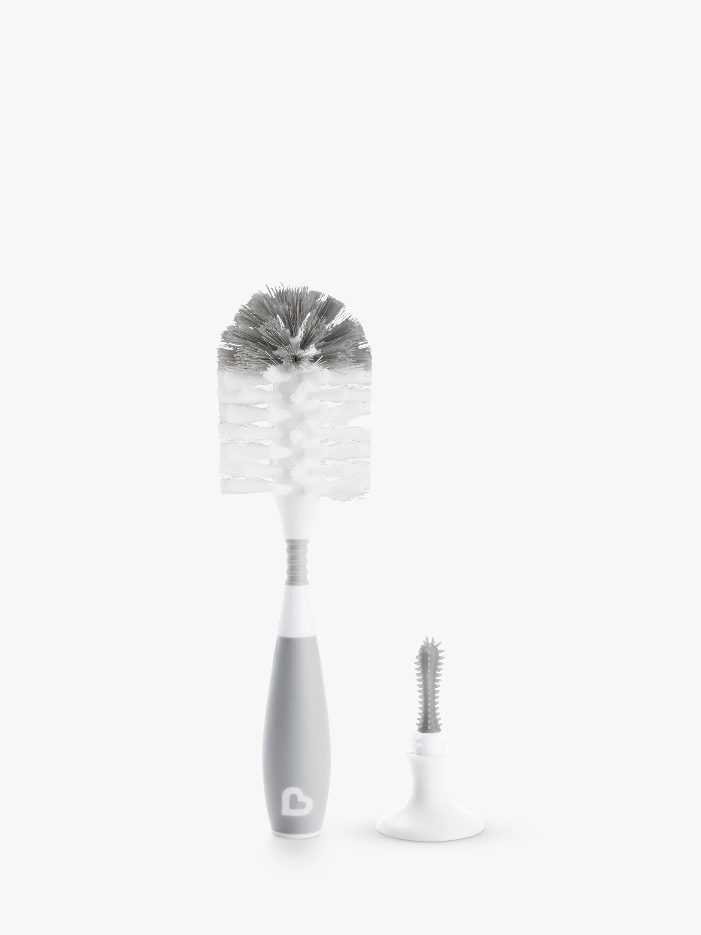 Munchkin grey bristle baby bottle brush with teat brush and suction base, imported from the UK