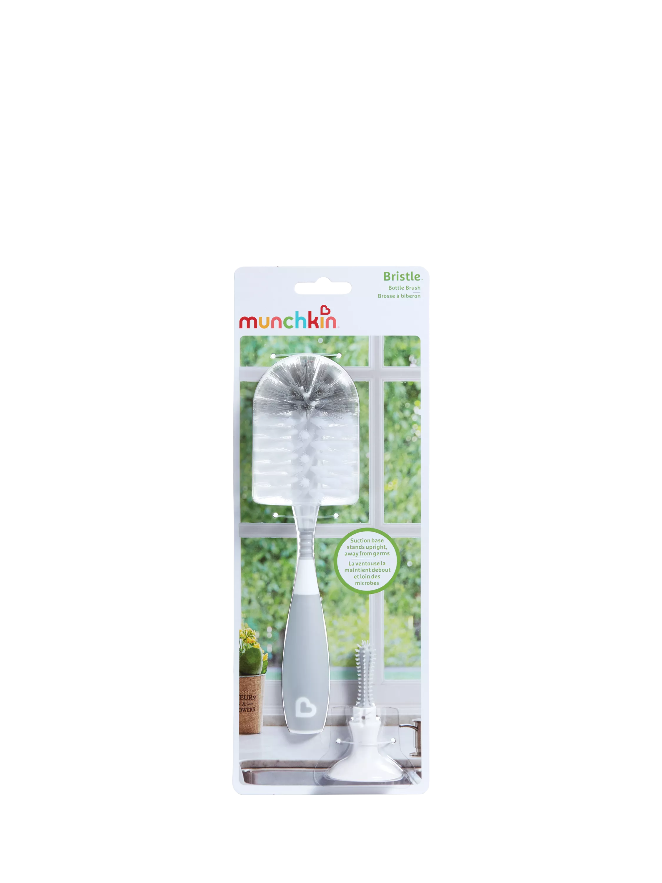 Munchkin grey bristle baby bottle brush with teat brush and suction base, imported from the UK