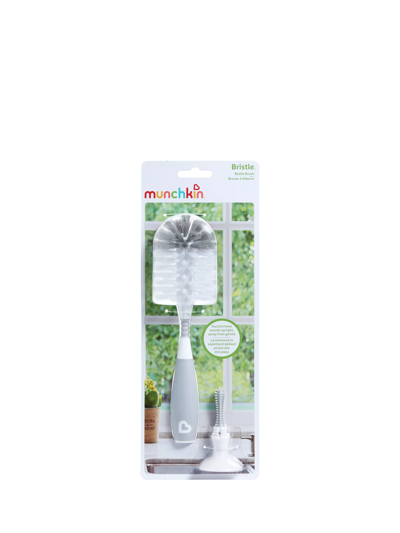Munchkin grey bristle baby bottle brush with teat brush and suction base, imported from the UK