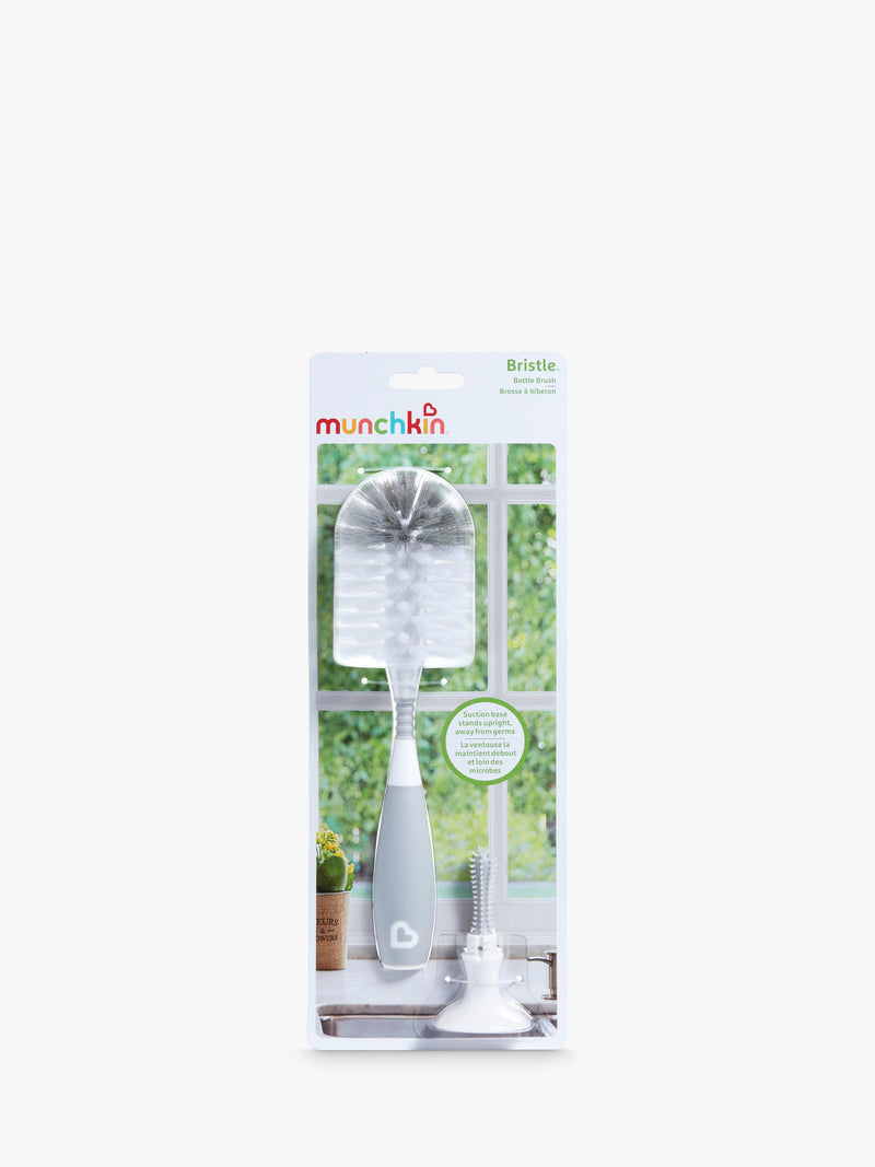Munchkin grey bristle baby bottle brush with teat brush and suction base, imported from the UK