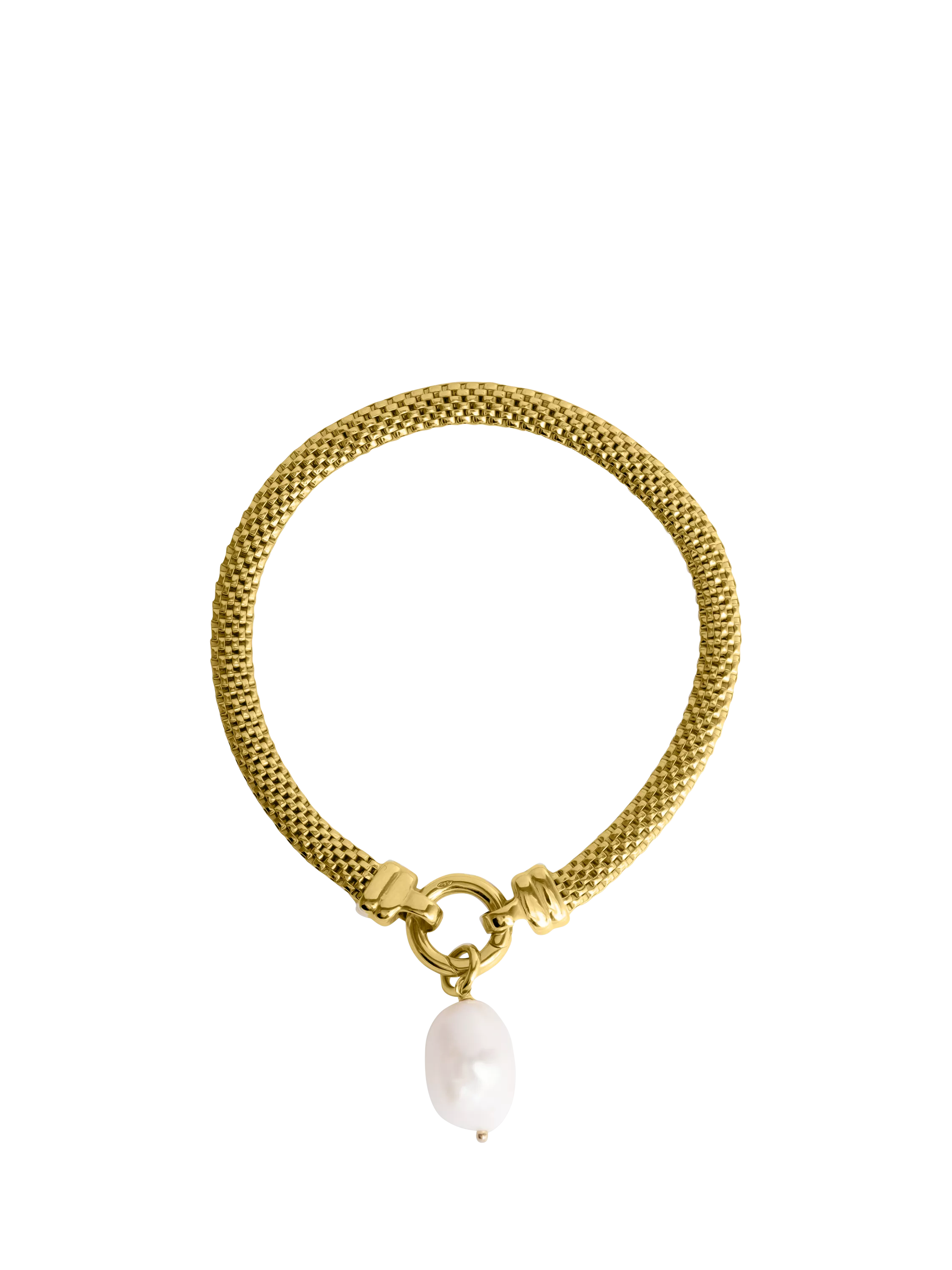 LARNAUTI freshwater pearl drop mesh bracelet in gold, imported from the UK