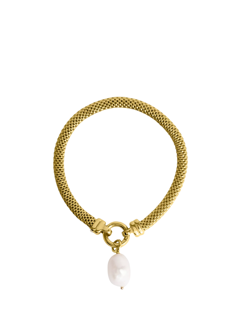 LARNAUTI freshwater pearl drop mesh bracelet in gold, imported from the UK