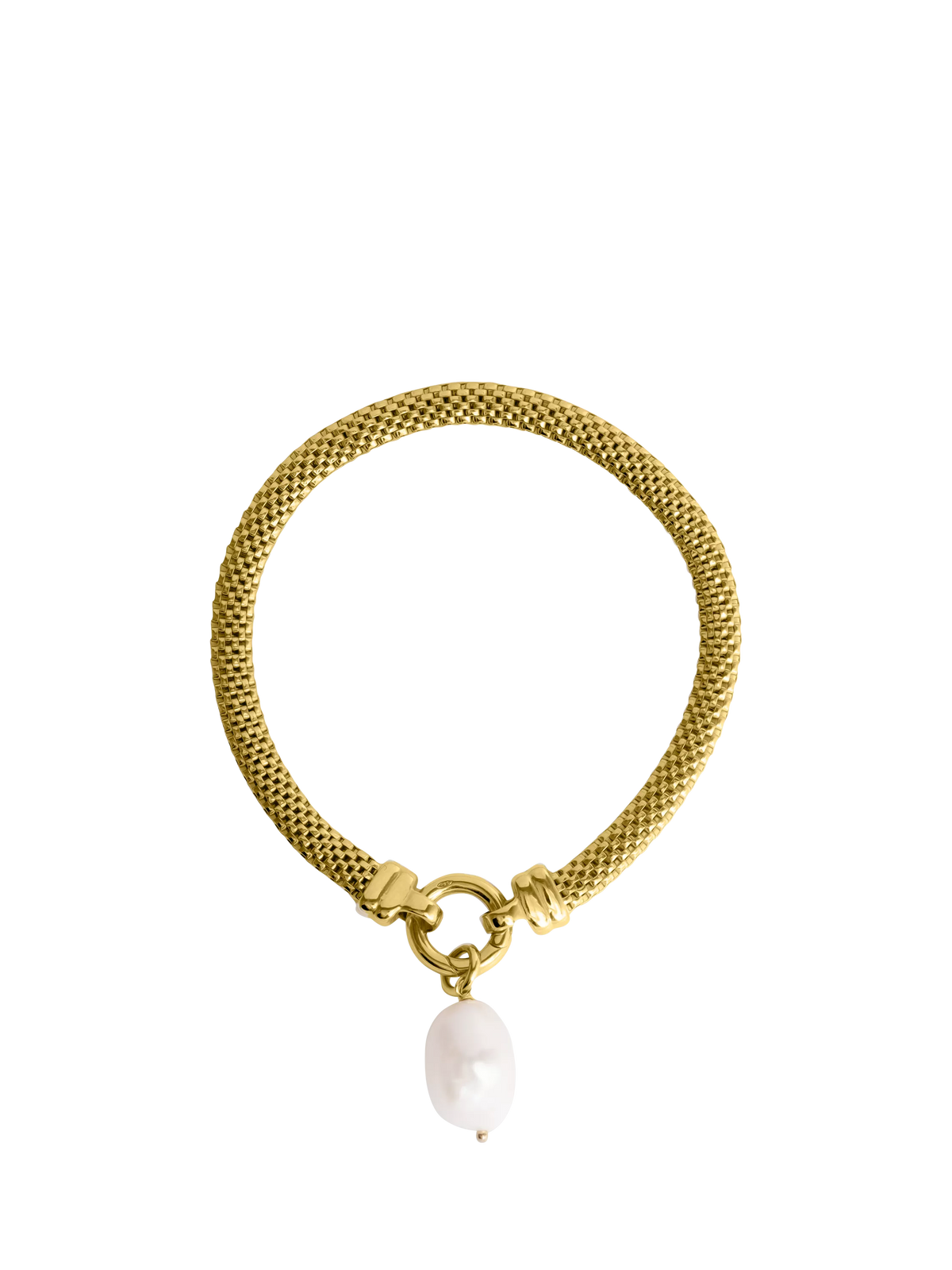 LARNAUTI freshwater pearl drop mesh bracelet in gold, imported from the UK
