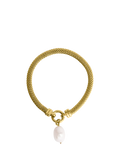 LARNAUTI freshwater pearl drop mesh bracelet in gold, imported from the UK