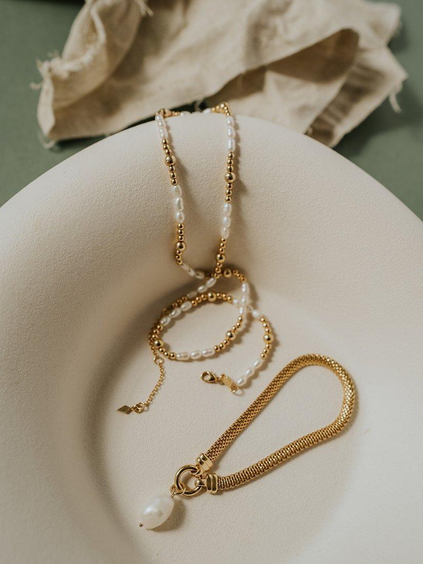 LARNAUTI freshwater pearl drop mesh bracelet in gold, imported from the UK