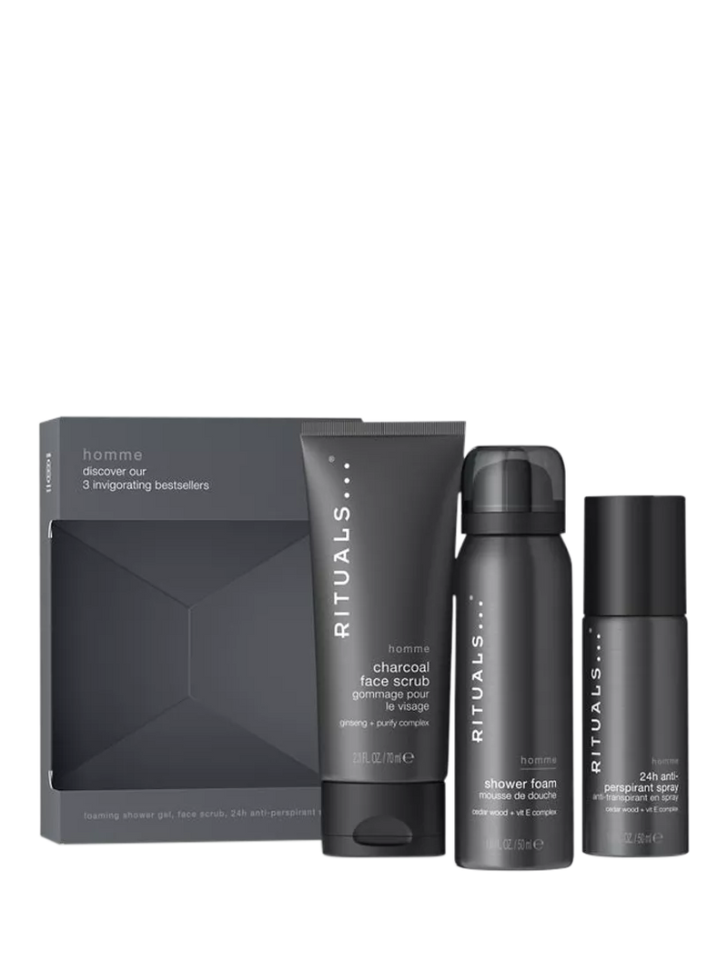 Rituals men's bodycare gift set including shower foam, anti-perspirant, and face scrub, imported from the UK