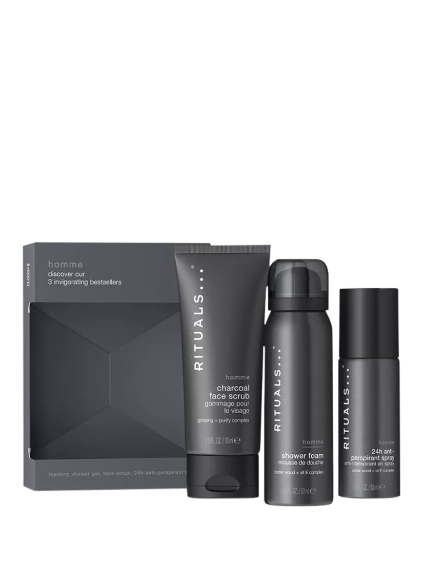 Rituals men's bodycare gift set including shower foam, anti-perspirant, and face scrub, imported from the UK