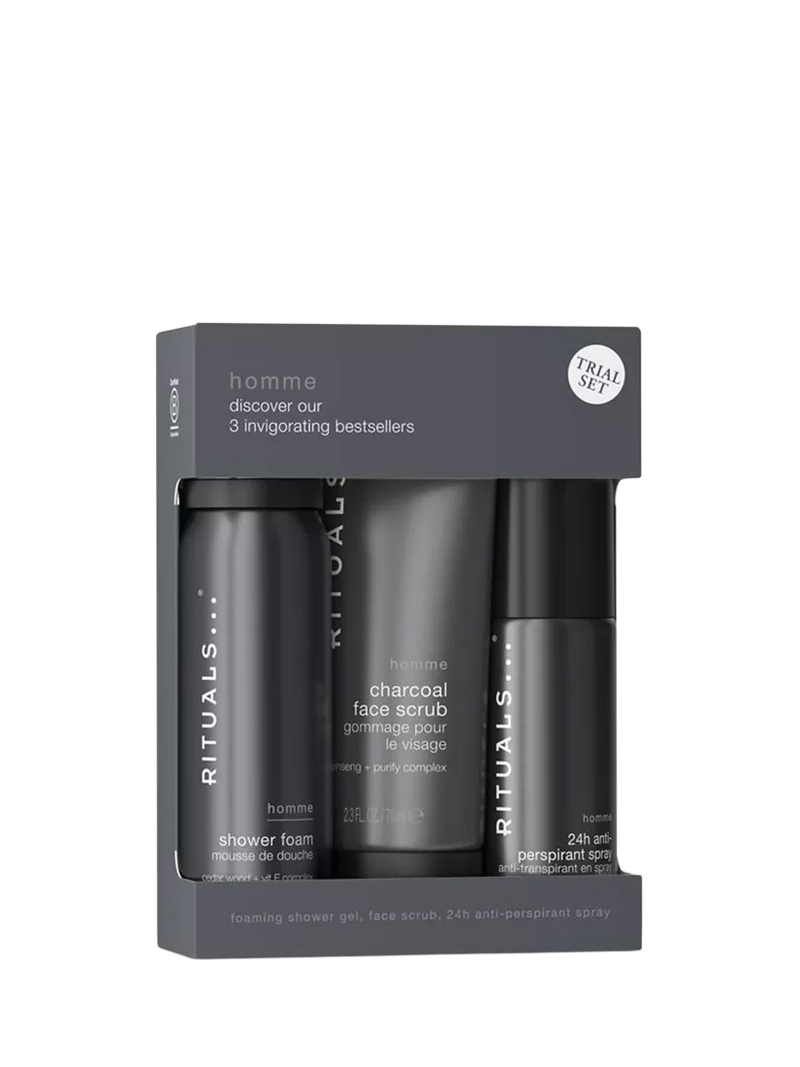 Rituals men's bodycare gift set including shower foam, anti-perspirant, and face scrub, imported from the UK