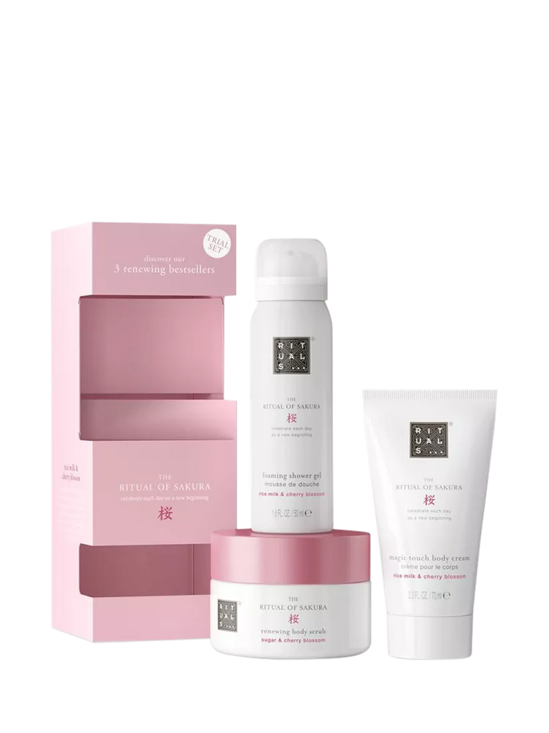 Rituals cherry blossom scented bodycare gift set with scrub, cream, and shower gel, imported from the UK