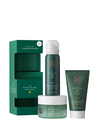 Avslappende kroppspleie-gavesett med lotus og jujube - 125 g skrubb, 70 ml krem, 50 ml dusjsåpe