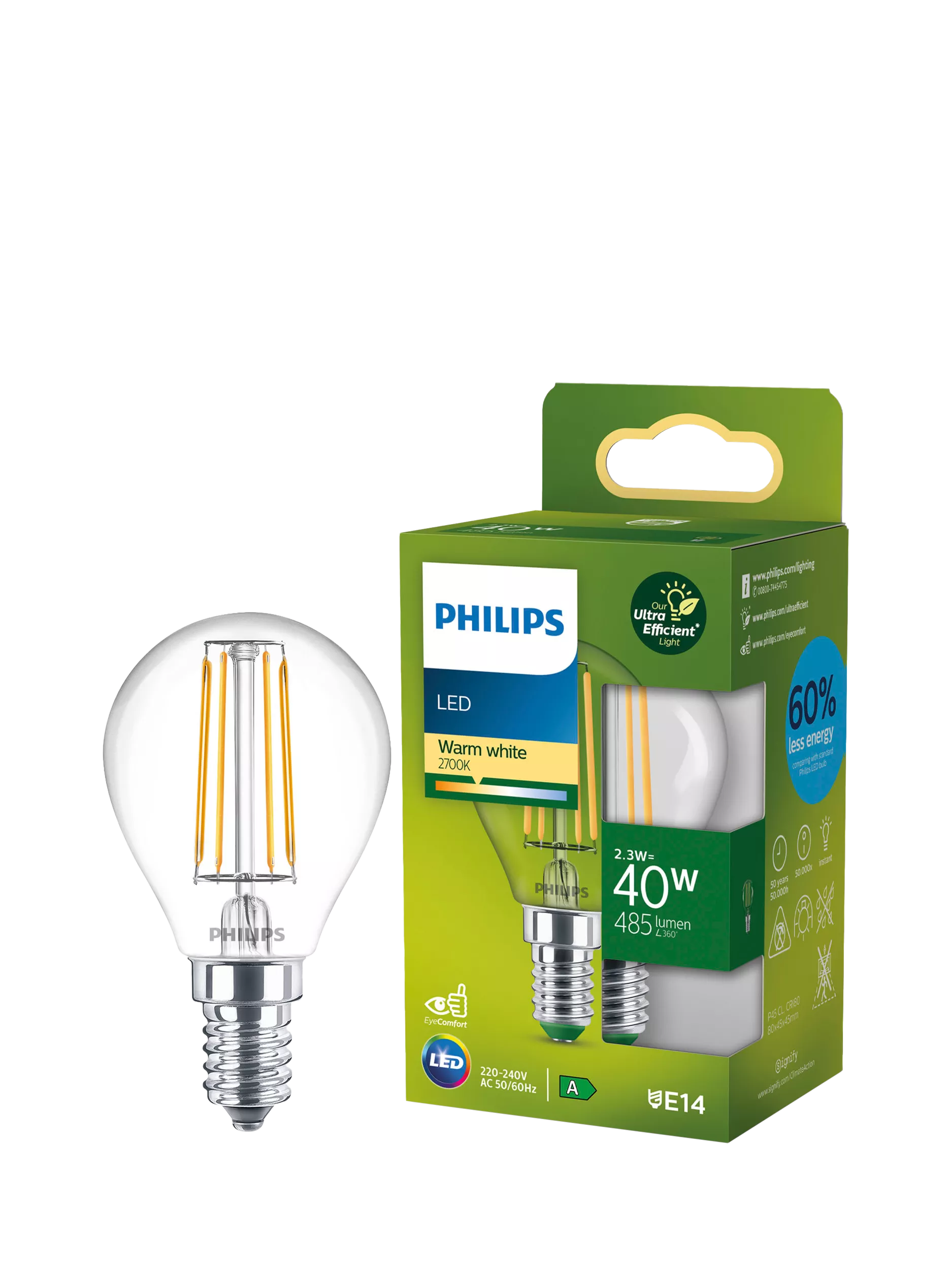 Philips Ultra Efficient LED bulb E14 warm white 2.3W, UK version