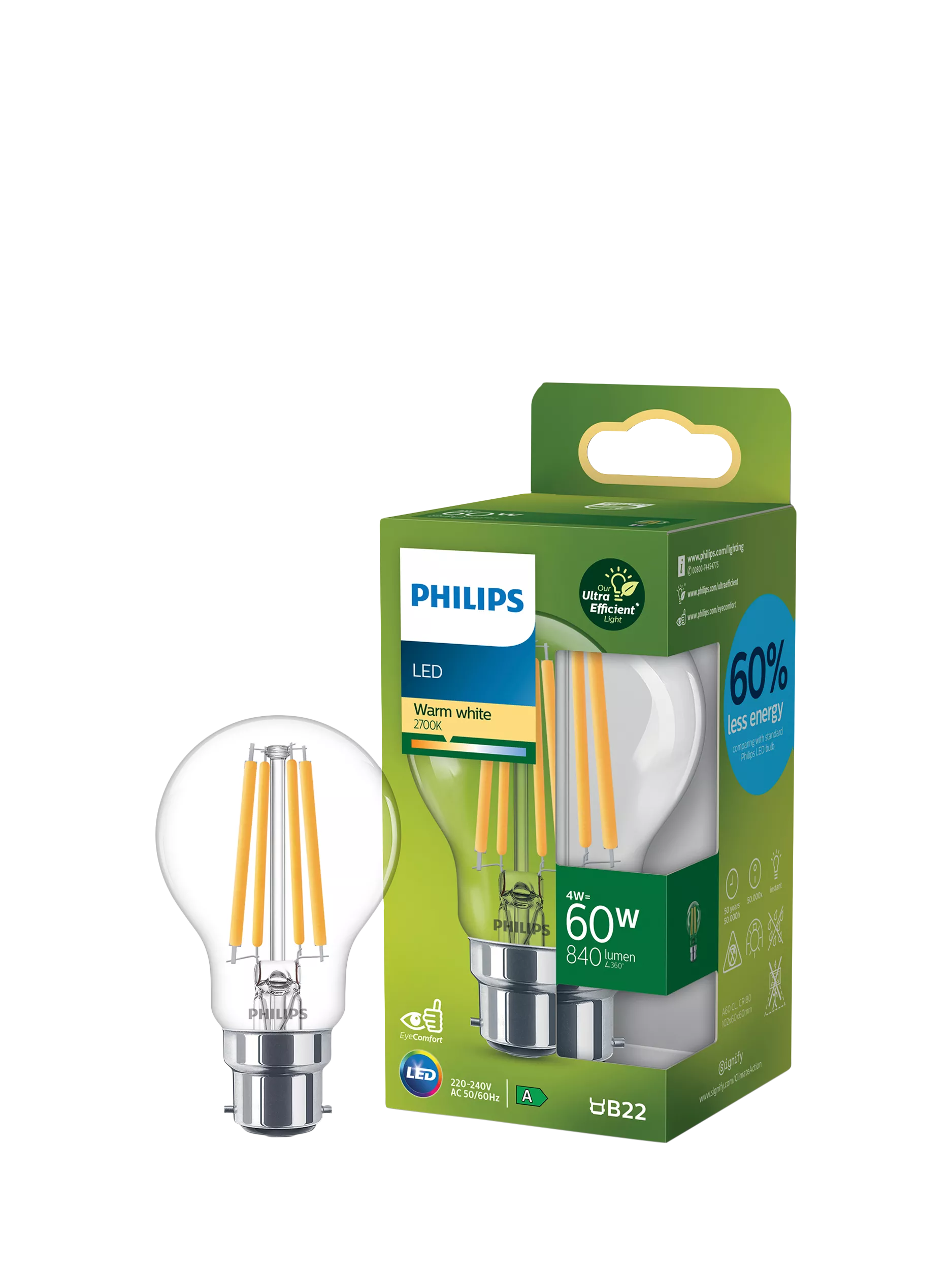 Philips 4W B22 LED bulb warm white, UK version