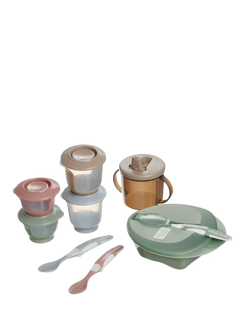 Vital Baby Nourish Start weaning kit with spoons, bowl, pots, bib, and cup (British brand)