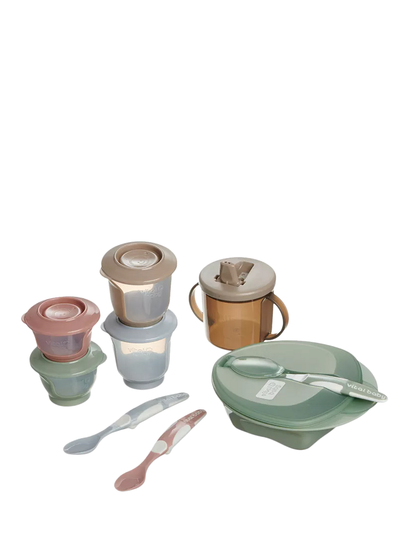 Vital Baby Nourish Start weaning kit with spoons, bowl, pots, bib, and cup (British brand)