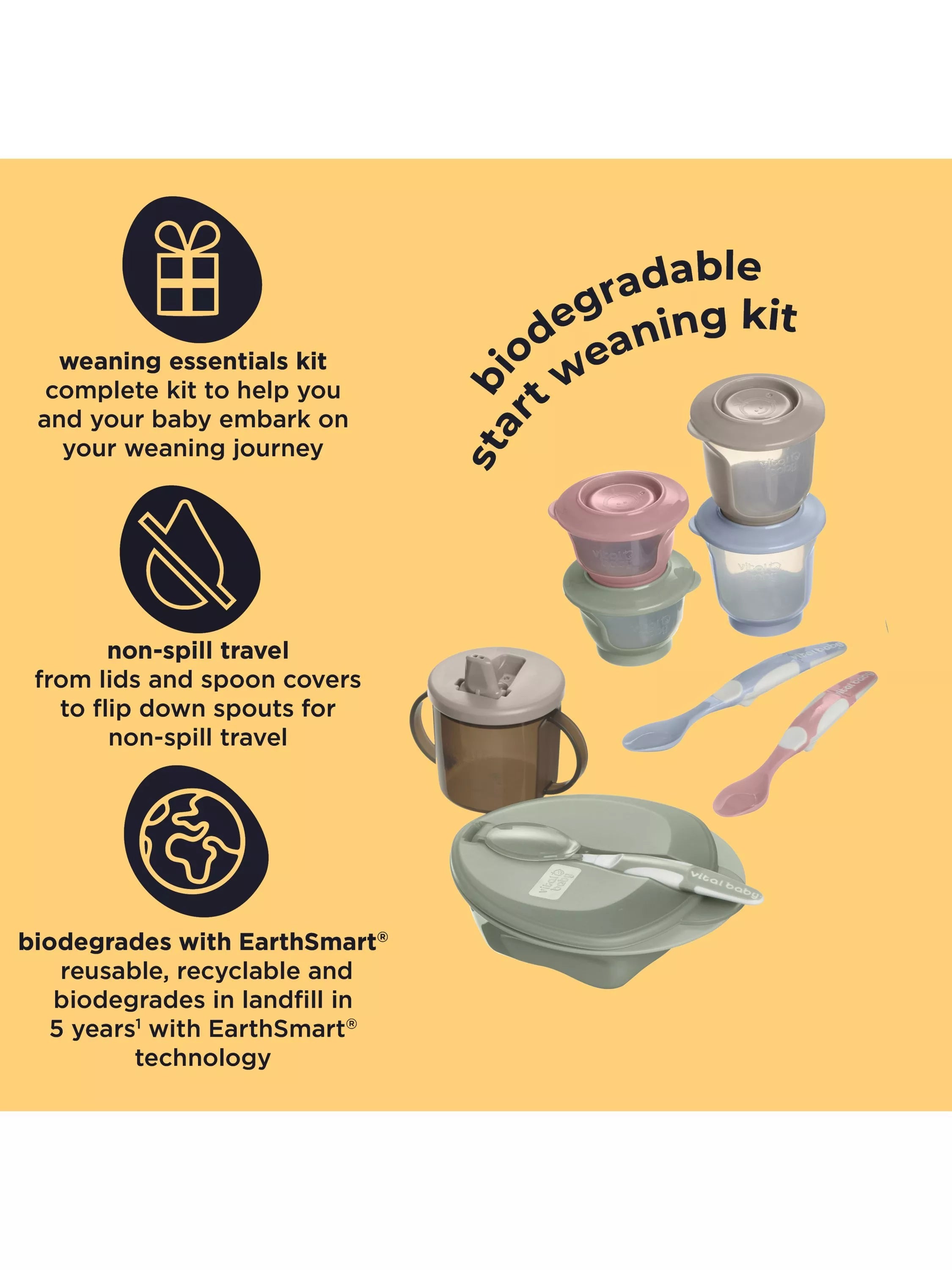 Vital Baby Nourish Start weaning kit with spoons, bowl, pots, bib, and cup (British brand)