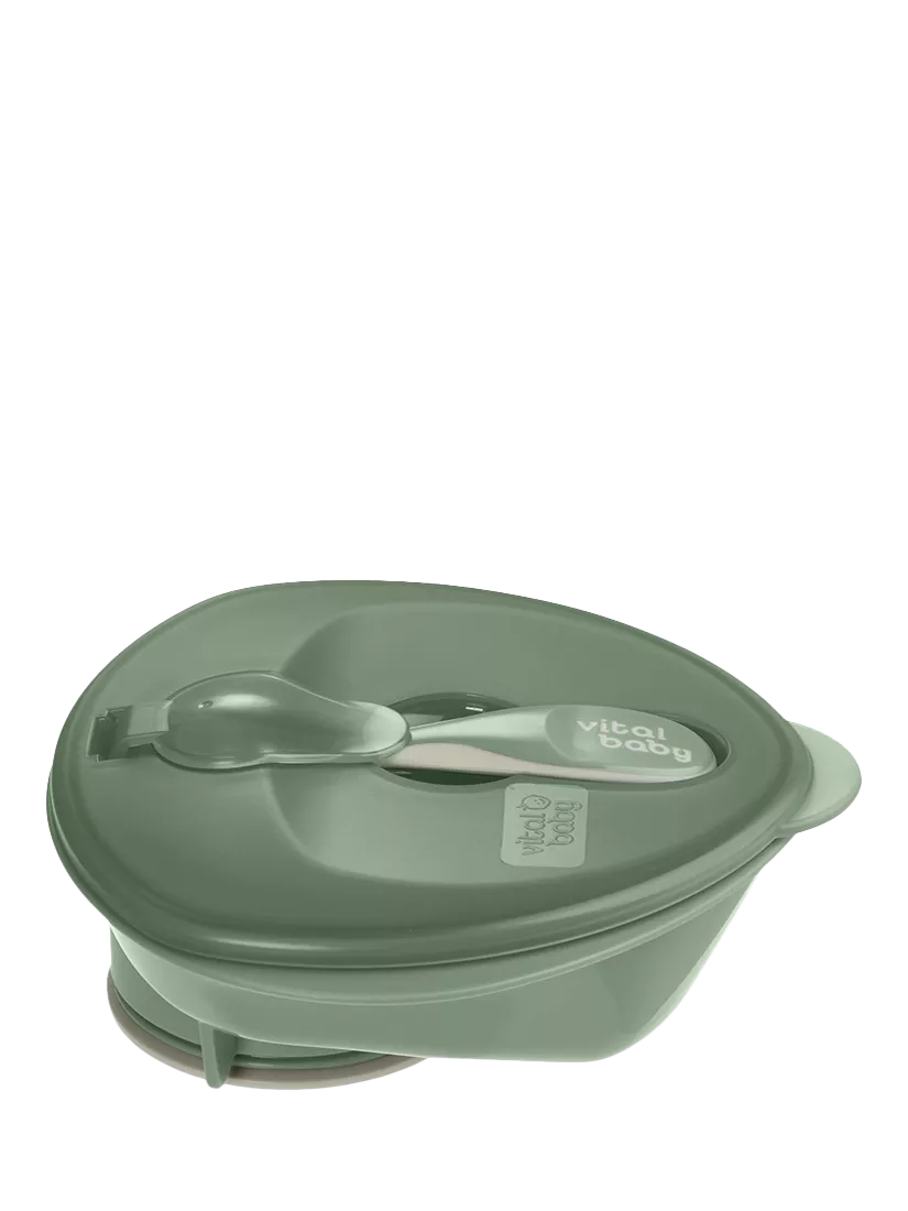 Vital Baby suction bowl in Natural Moss with chunky spoon and lid (British brand)