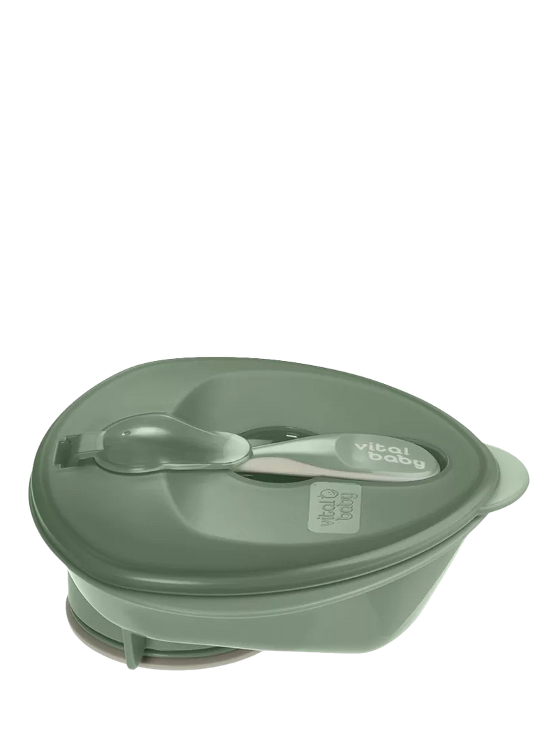 Vital Baby suction bowl in Natural Moss with chunky spoon and lid (British brand)