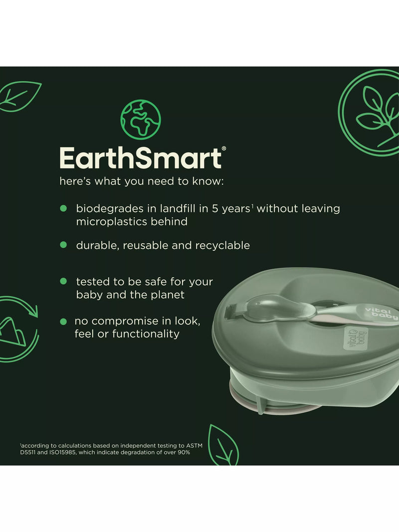 Vital Baby suction bowl in Natural Moss with chunky spoon and lid (British brand)